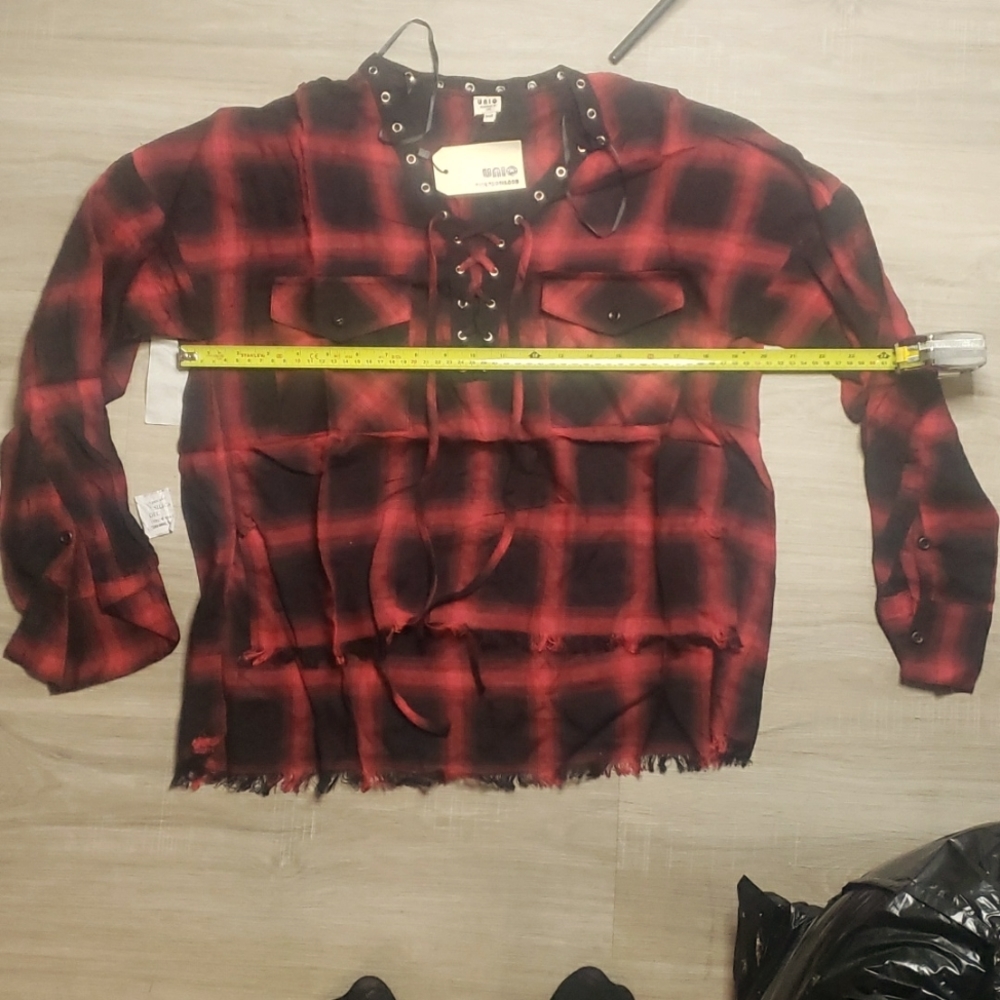 RAYON material black and red checkered top NWT